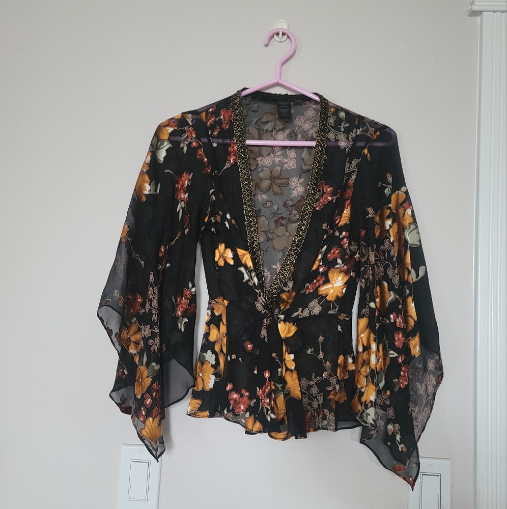 Floral Sheer Silk Kimono Top - Size S
